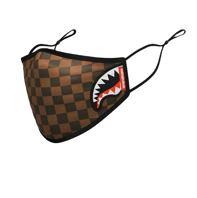 Sprayground Brown Checkered Shark Mouth Logo Face Mask